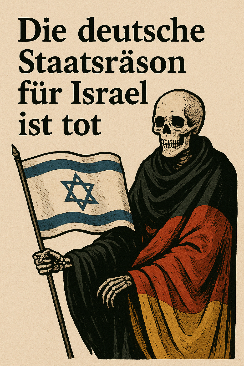Skelettgekleidet in Deutschlandfahne trägt Israelwimpel vor sich her
